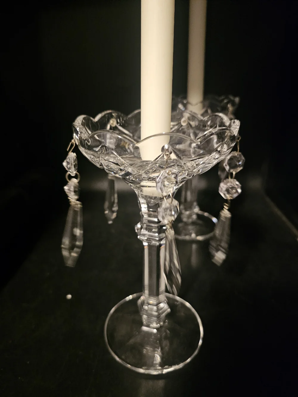 Unique Vintage Clear Crystal Candle Holders with Hanging Prisms